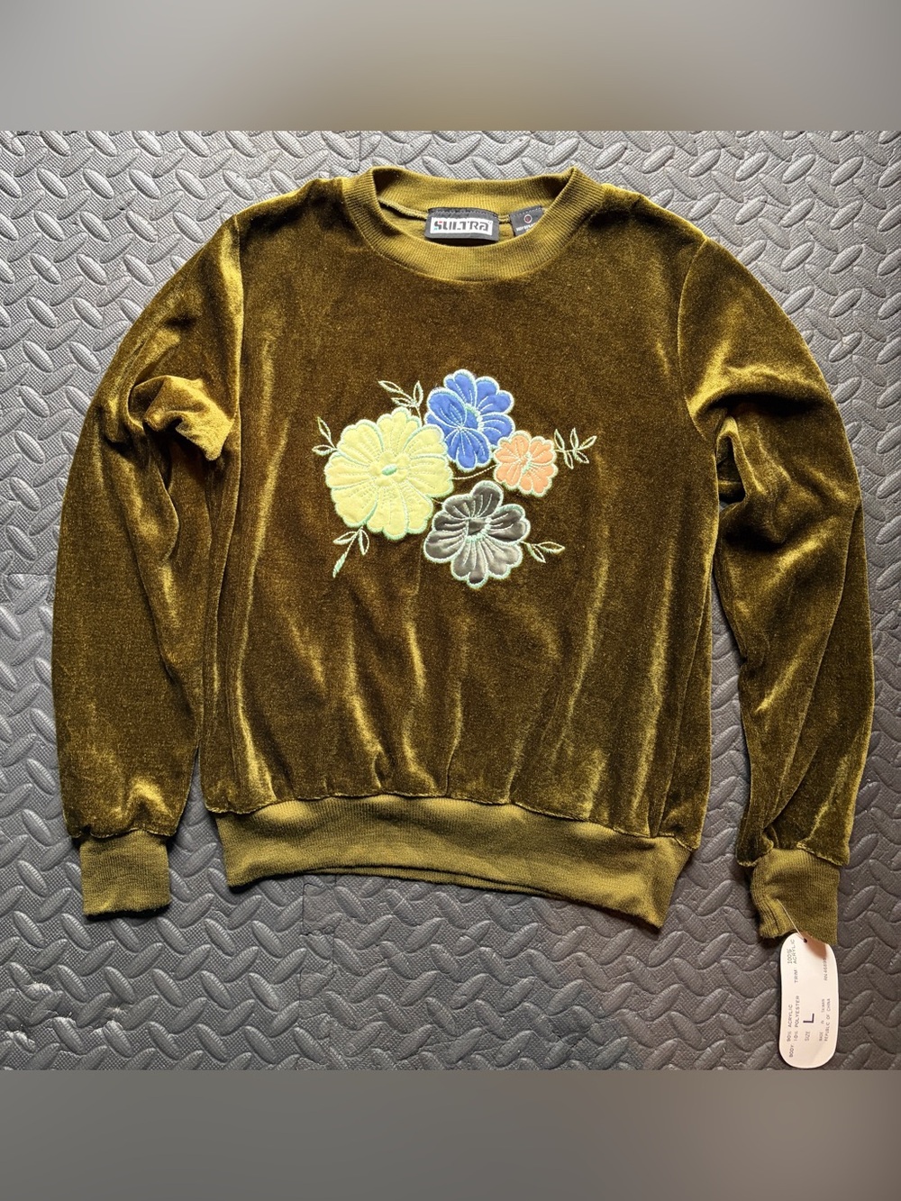Olive Velvet Crewneck Sweater with Floral Embroidery